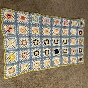 Vintage Crochet Afghan Granny Square Pastel Handmade Baby Blanket 65”x39”